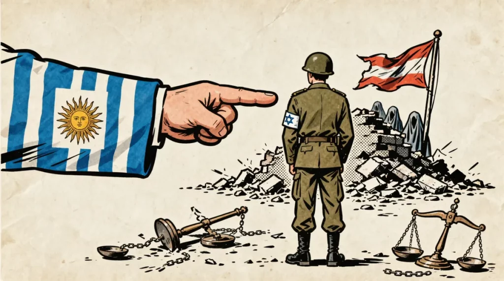 Ilustração editorial sobre Uruguai denuncia porta-voz do Exército de Israel por genocídio. (Ilustração: Cafezinho / Wan 2.6)