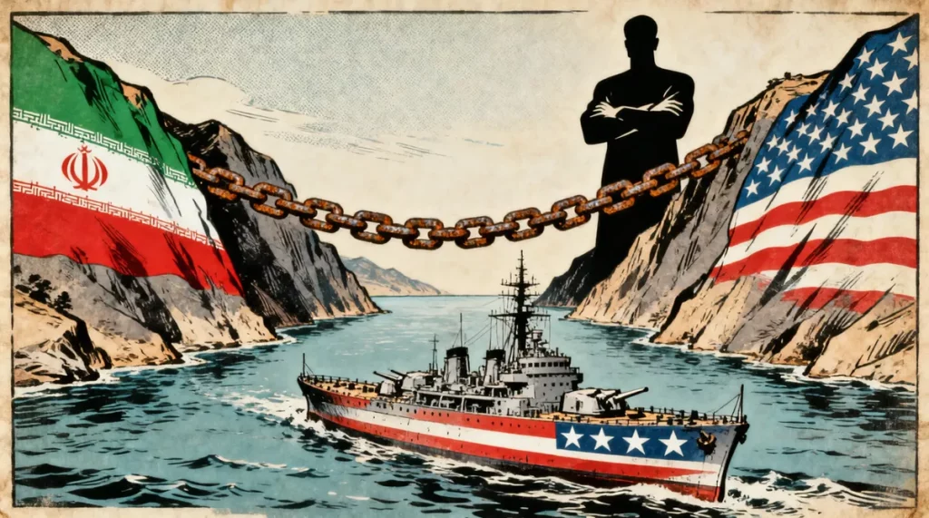 Ilustração editorial sobre Irã anuncia plano de nacionalização do estreito de Ormuz e desafia hegemonia dos EUA. (Ilustração: