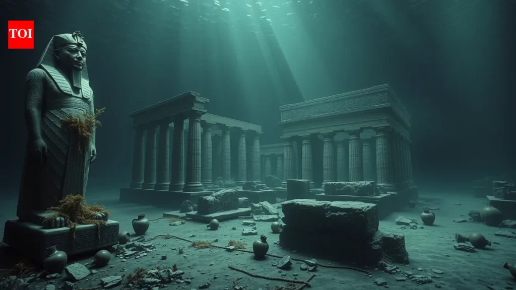 Ruínas submersas de Thonis-Heracleion, com estátua e templos visíveis sob as águas do Egito. (Foto: timesofindia.indiatimes.c