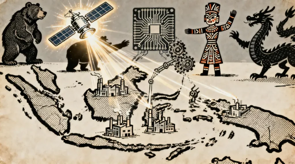 Ilustração editorial sobre Indonésia reforça parcerias tecnológicas com BRICS para impulsionar industrialização. (Ilustração: