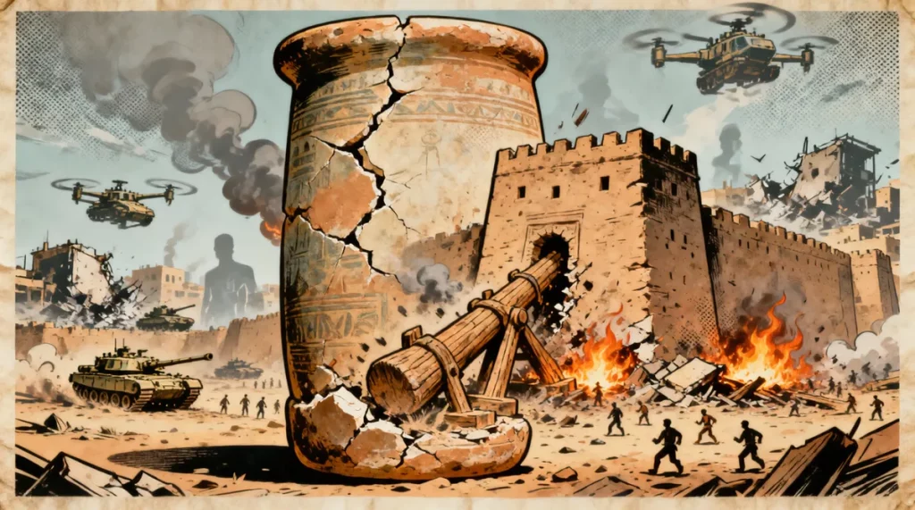 Ilustração editorial sobre Tábuas de 4 mil anos revelam a face brutal da guerra de cerco na antiga Mesopotâmia. (Ilustração: