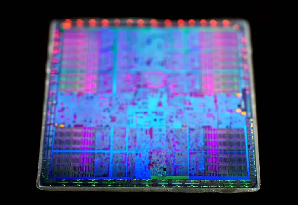 Chip de computador com circuitos multicoloridos em destaque. (Foto: Wikimedia Commons)