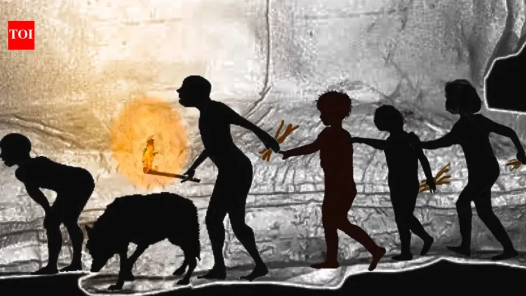 Silhuetas de caçadores-pescadores com fogo e um canino ilustram método de navegação em caverna. (Foto: timesofindia.indiatime