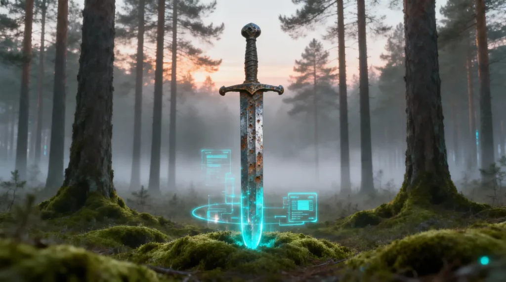 Ilustração editorial sobre Espada de 2,7 mil anos cravada verticalmente em floresta polonesa desafia arqueólogos e evoca ritu