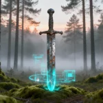 Ilustração editorial sobre Espada de 2,7 mil anos cravada verticalmente em floresta polonesa desafia arqueólogos e evoca ritu