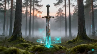 Ilustração editorial sobre Espada de 2,7 mil anos cravada verticalmente em floresta polonesa desafia arqueólogos e evoca ritu