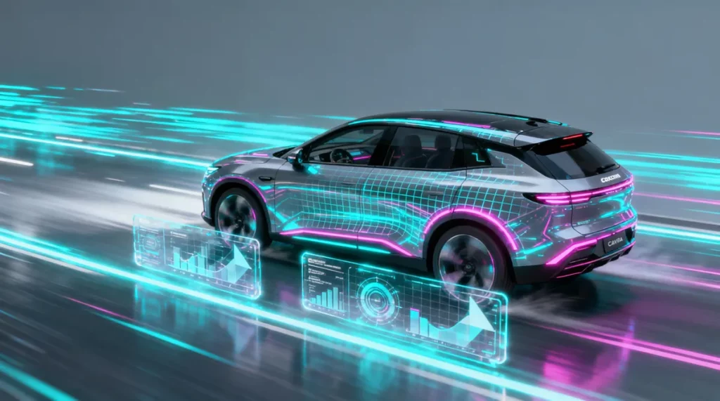 Ilustração editorial sobre Foxconn lança SUV elétrico Cavira com 468 cv e aceleração de 0 a 100 km/h em 3,8s. (Ilustração: Ca