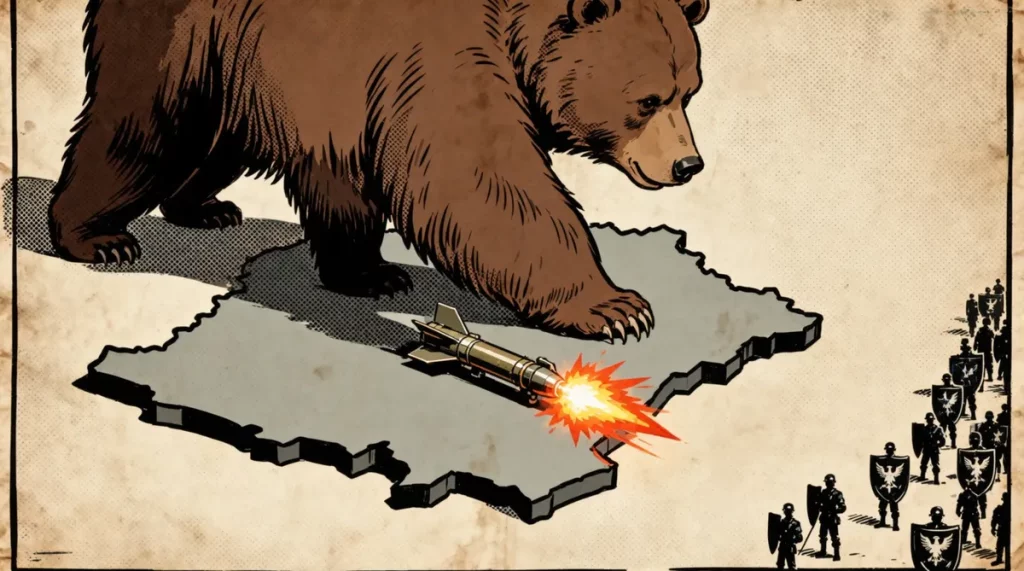 Ilustração editorial sobre Rússia fortalece defesa com armas nucleares táticas na Bielorrússia contra avanço da OTAN. (Ilustr