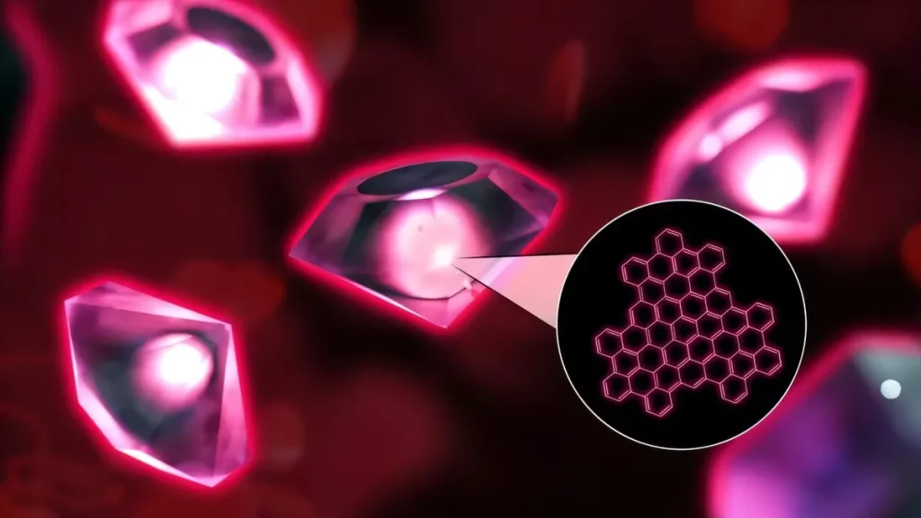 Representação gráfica de nanopartículas de diamante com color centers, ilustrando avanços em aplicações quânticas. (Foto: phy