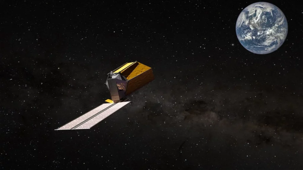 Telescópio espacial em órbita com a Terra ao fundo, ilustrando busca por exoplanetas. (Foto: space.com)