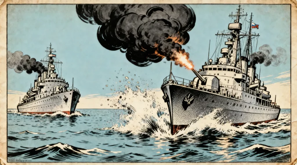 Ilustração editorial sobre Reino Unido investiga disparos de fragata russa no Canal da Mancha. (Ilustração: Cafezinho / Wan 2