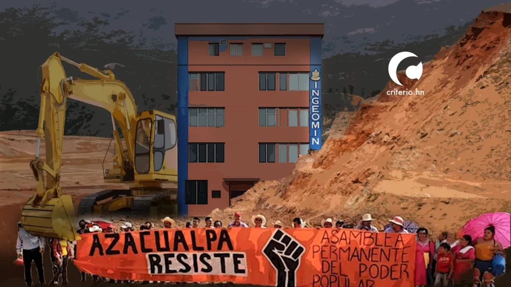 Comunidade de Azacualpa protesta contra ampliação minera, com faixa "Azacualpa Resiste", em frente ao edifício do Ingeomin. (