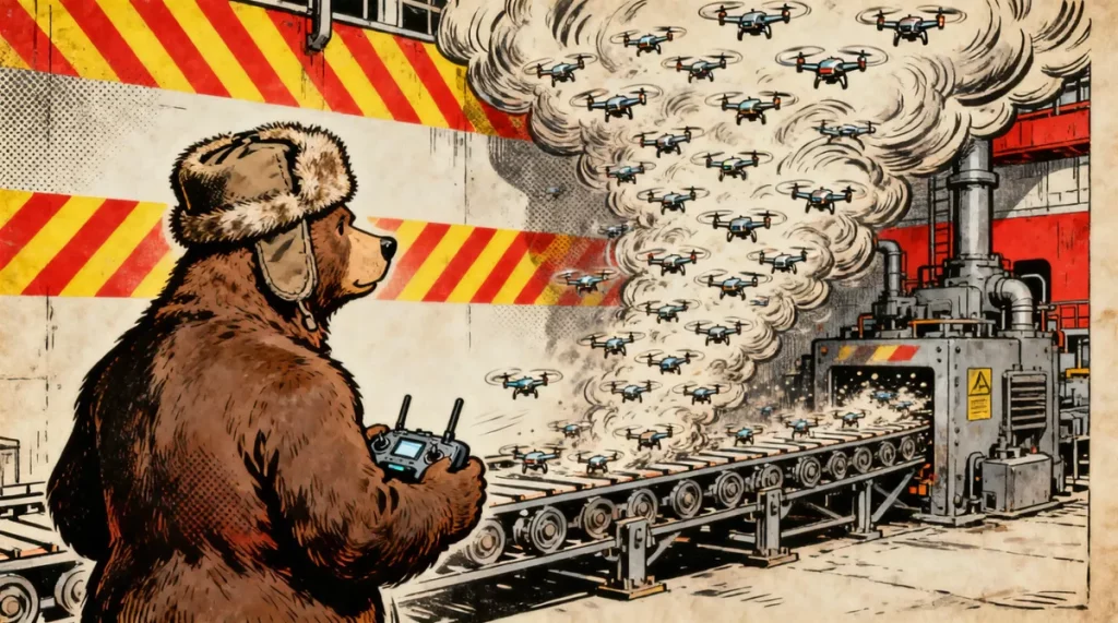 Ilustração editorial sobre Rússia multiplica por 30 produção de drones e atinge 15 mil unidades FPV diárias. (Ilustração: Caf
