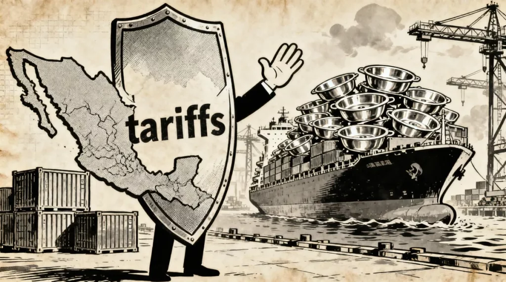 Ilustração editorial sobre México prorroga por cinco anos tarifas sobre pias chinesas. (Ilustração: Cafezinho / Wan 2.6)
