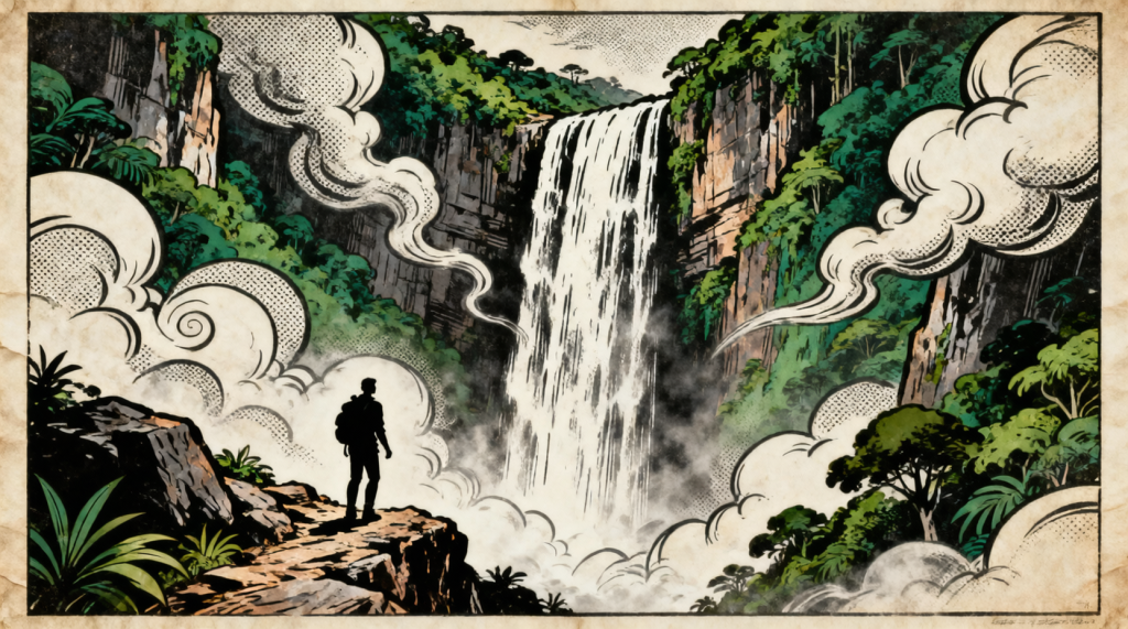 Ilustração editorial sobre Parques nacionais oferecem acesso a cachoeiras de até 380 metros no Brasil. (Ilustração: Cafezinho