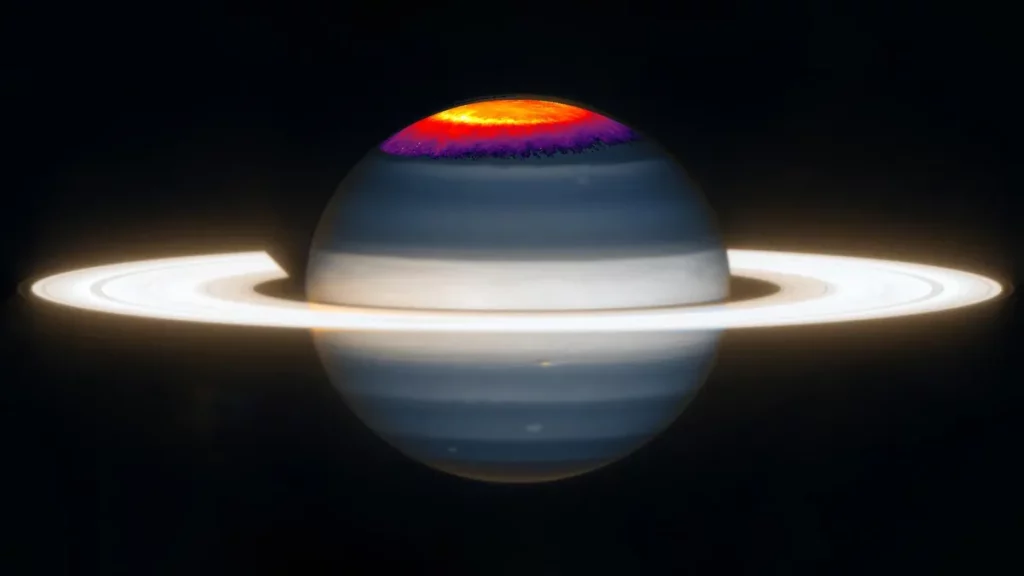 Imagem de Saturno com destaque na região polar, ilustrando a descoberta sobre sua rotação. (Foto: sciencedaily.com)