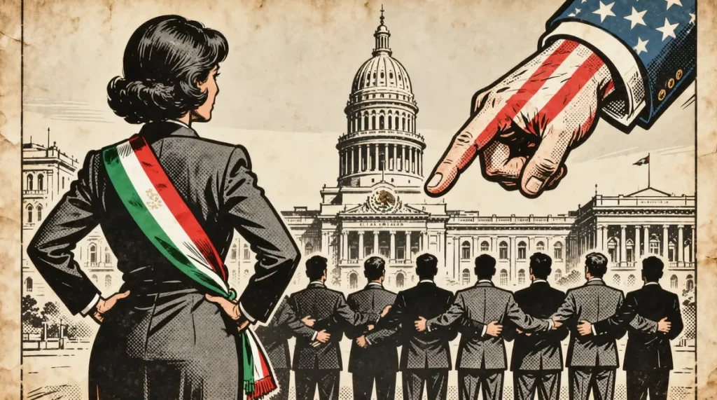 Ilustração editorial sobre Parlamento mexicano fecha fileiras com Sheinbaum e denuncia ingerência dos EUA. (Ilustração: Cafez