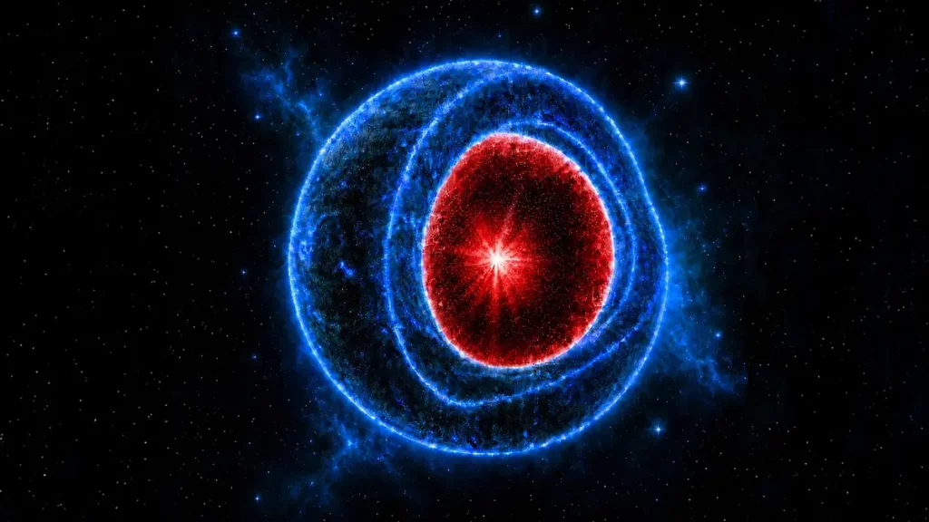 Representação artística de uma estrela em colapso, com núcleo vermelho e camadas azuis contra o fundo do espaço. (Foto: scien
