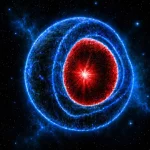 Representação artística de uma estrela em colapso, com núcleo vermelho e camadas azuis contra o fundo do espaço. (Foto: scien
