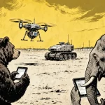 Ilustração editorial sobre Rússia e Laos aprofundam cooperação militar com exercício que emprega drones e robótica de combate