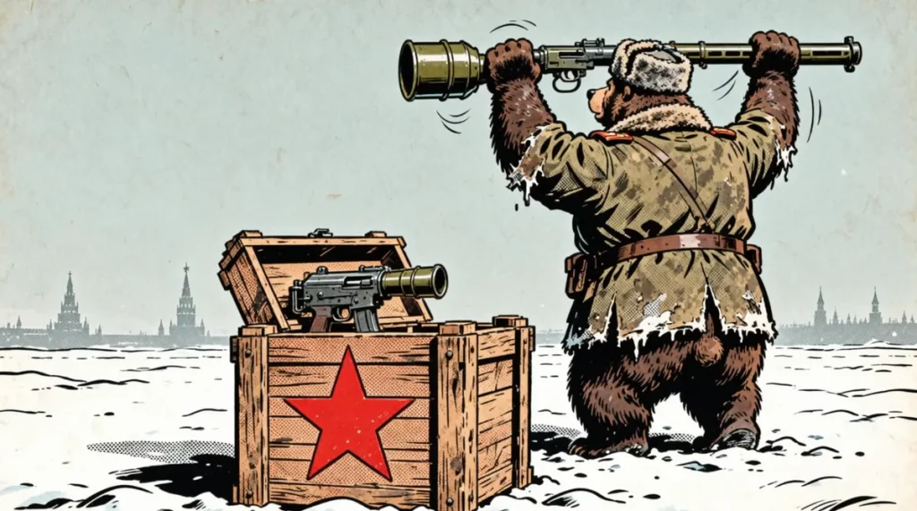 Ilustração editorial sobre Kalashnikov entrega lote de lançadores GP-34 ao governo russo. (Ilustração: Cafezinho / Wan 2.6)