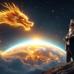 Dragão dourado de luz envolve o planeta Terra espalhando feixes luminosos, enquanto um Tio Sam de braços cruzados observa perplexo