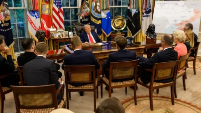 Trump e lideranças europeias. Crédito: Casa Branca.