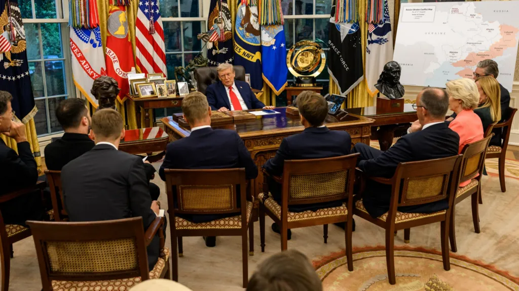 Trump e lideranças europeias. Crédito: Casa Branca.